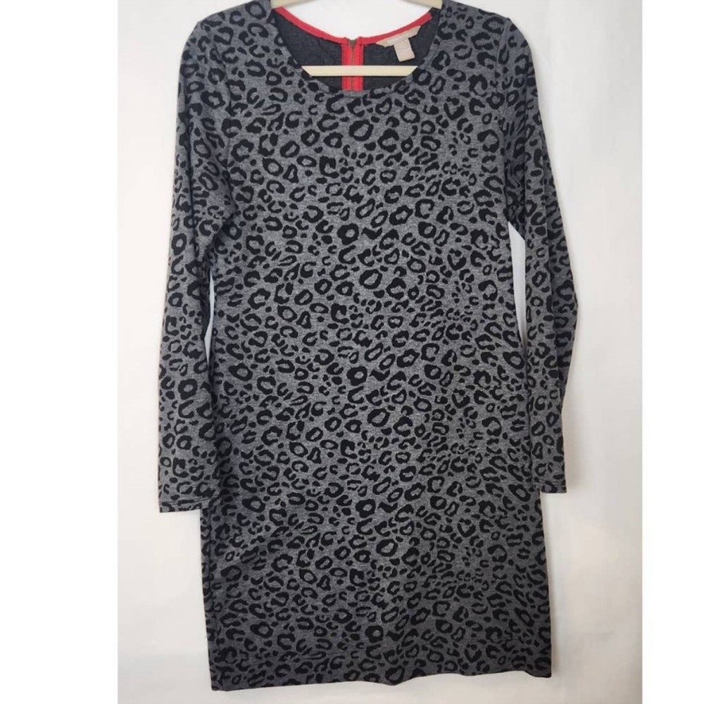 Banana Republic Sheath Dress Grey Black Leopard Animal Print 10 Long Sle…